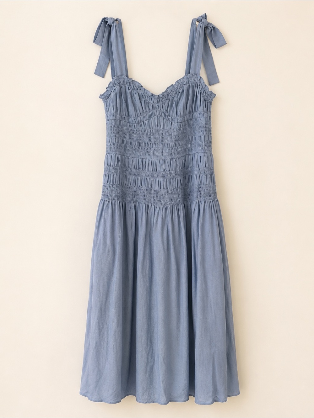 Moon River Blue Smocked Midi Dress with Tie Straps